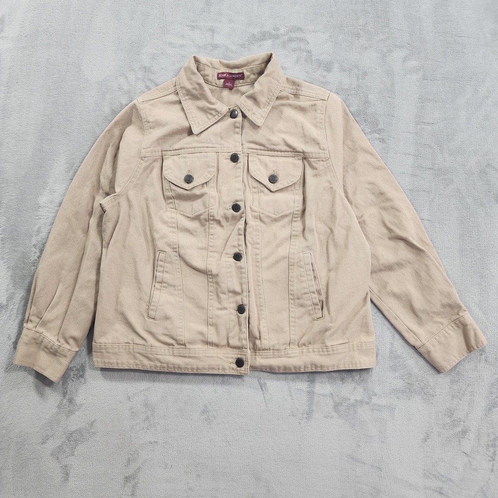 Jessica London Jacket Womens 12 Beige Cotton Twill Button Front Pockets Casual